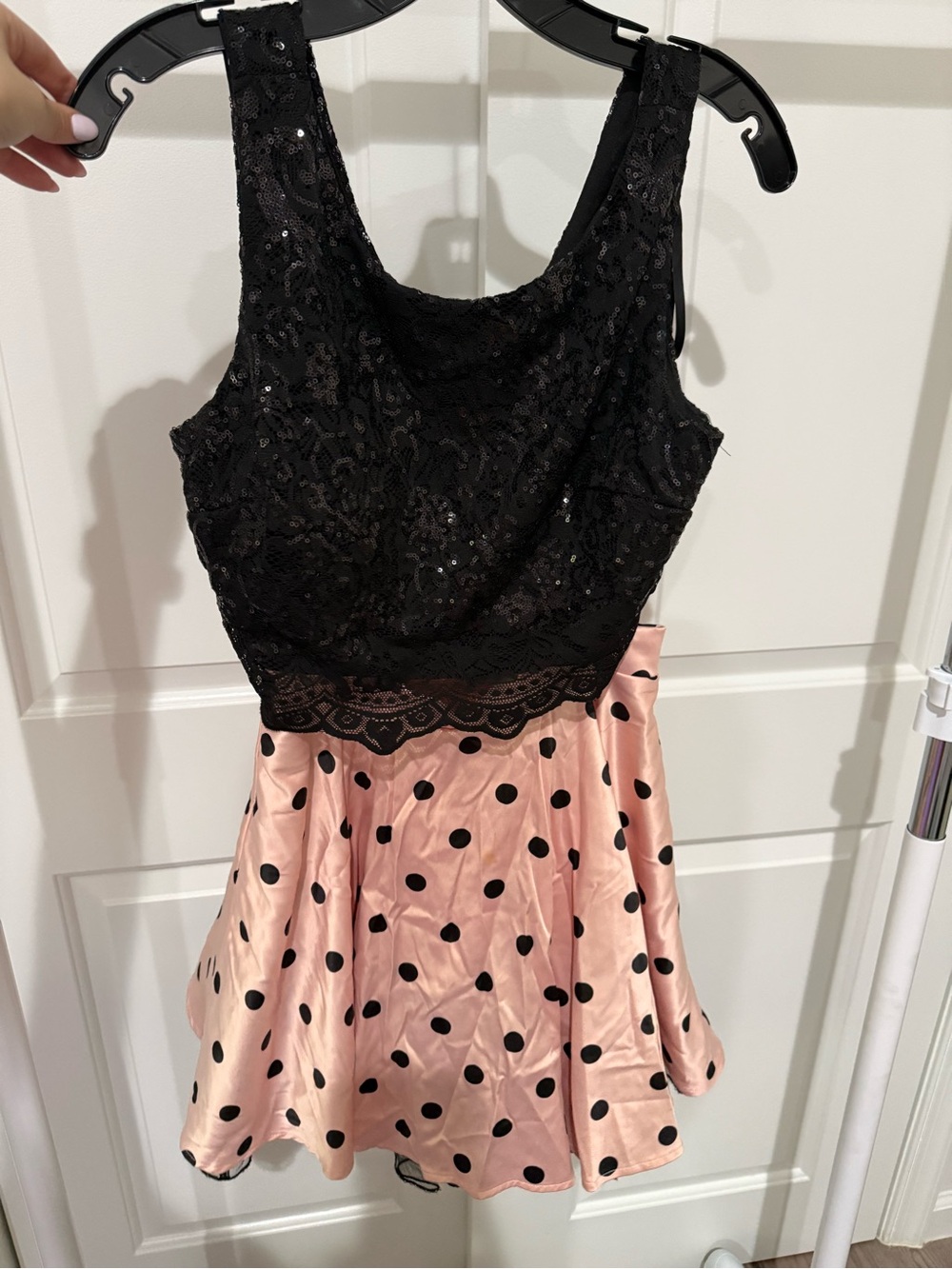 City Triangles Black Lace Crop Top with Pink Polka Dot Satin Skirt